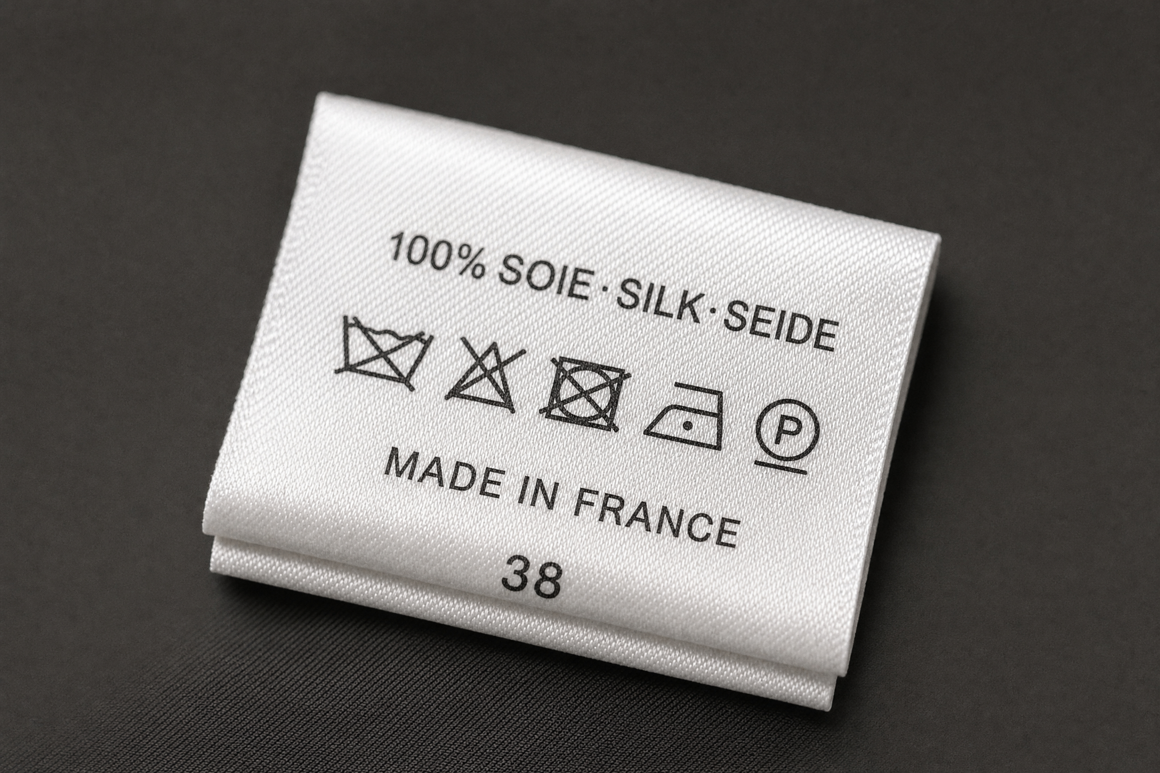 Étiquette imprimée satin polyester blanc — 100% Soie Made in France